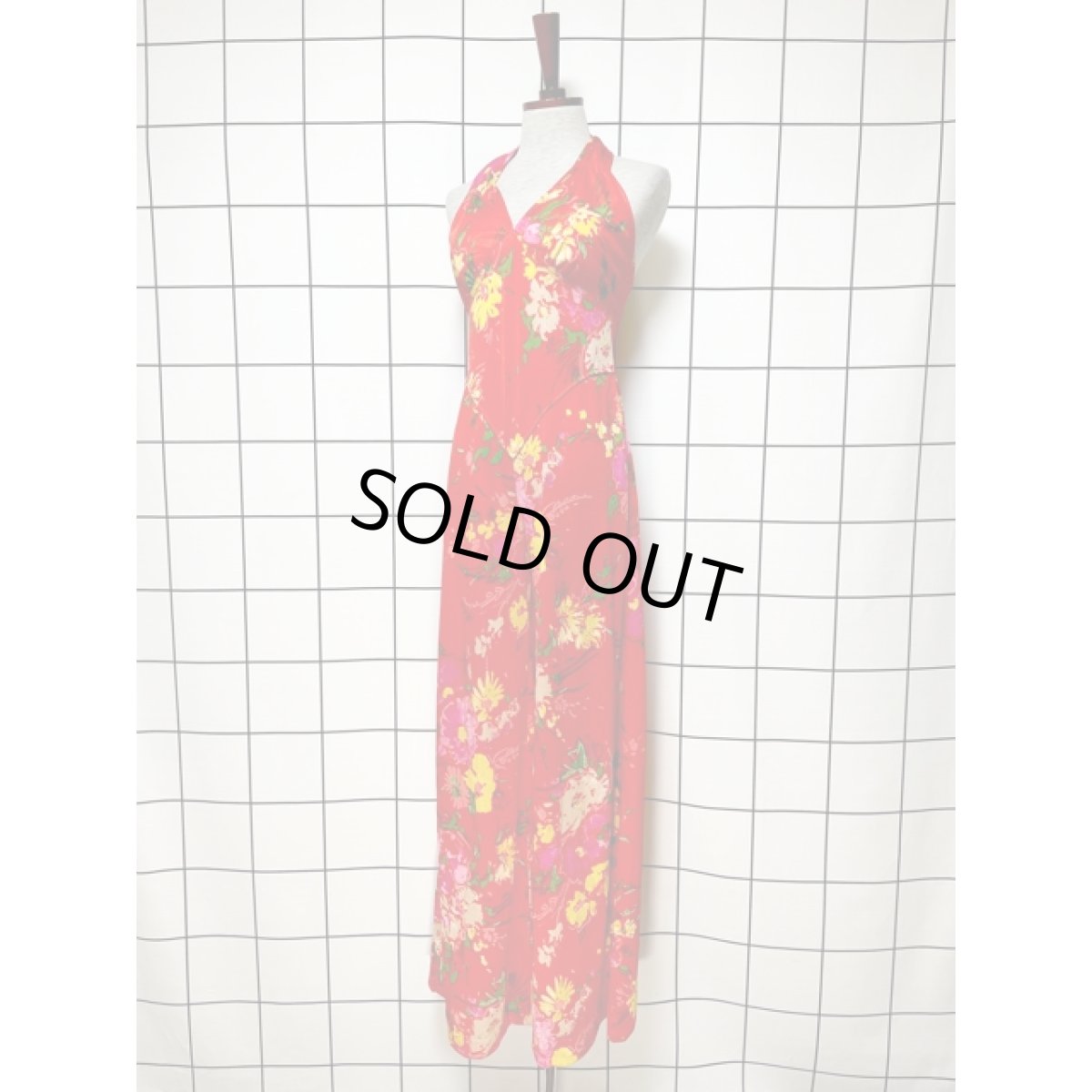 画像2: ホルターネック ワイドパンツデザイン アートフラワー柄 レッド レトロ ヨーロッパ古着 ヴィンテージオールインワン (2)