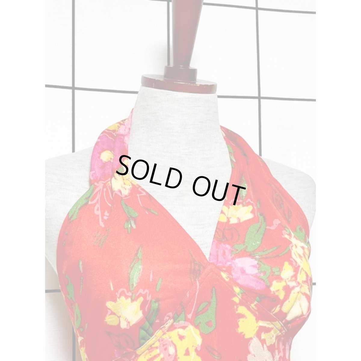 画像3: ホルターネック ワイドパンツデザイン アートフラワー柄 レッド レトロ ヨーロッパ古着 ヴィンテージオールインワン (3)