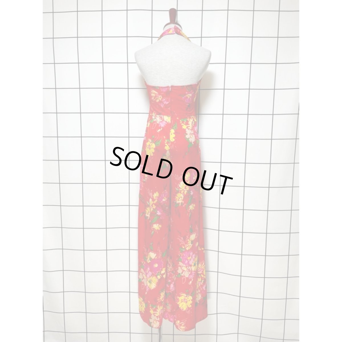 画像5: ホルターネック ワイドパンツデザイン アートフラワー柄 レッド レトロ ヨーロッパ古着 ヴィンテージオールインワン (5)