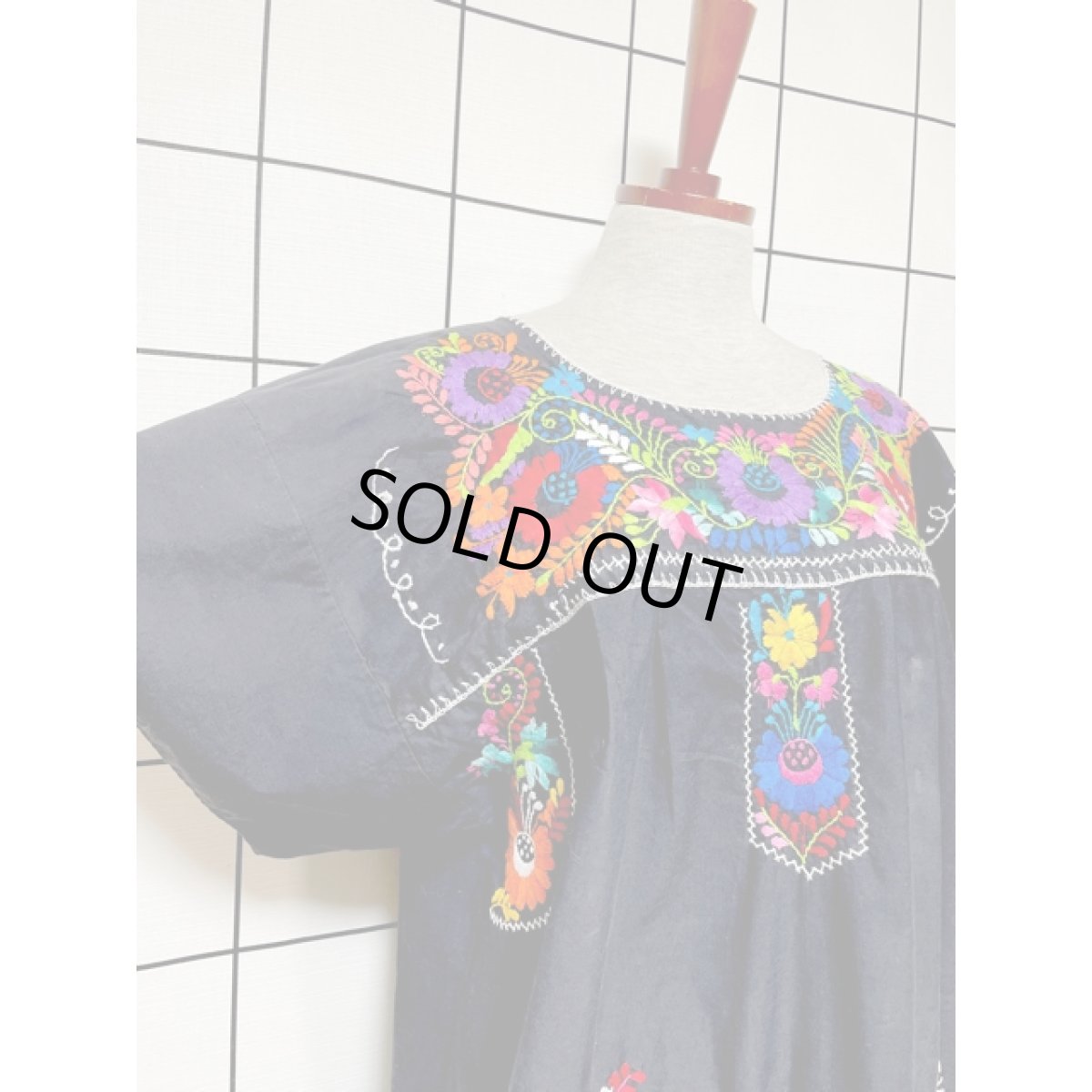 画像7: アメリカ古着 鳥刺繍 フォークロア 半袖 レトロ ヴィンテージメキシカンドレス ブラック 黒 (7)