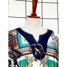 画像5: スペイン製 スカーフ柄 ドット フロントリボン プルオーバー ヨーロッパ古着 半袖 シャツ ヴィンテージブラウス (5)