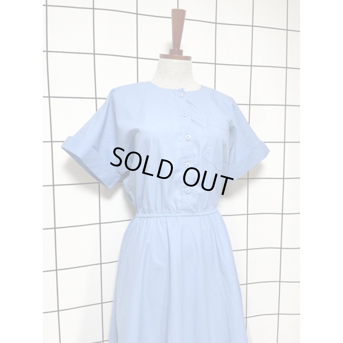 画像3: アメリカ古着 無地 ウエストゴム 半袖 レトロ ヴィンテージワンピース ライトブルー (3)