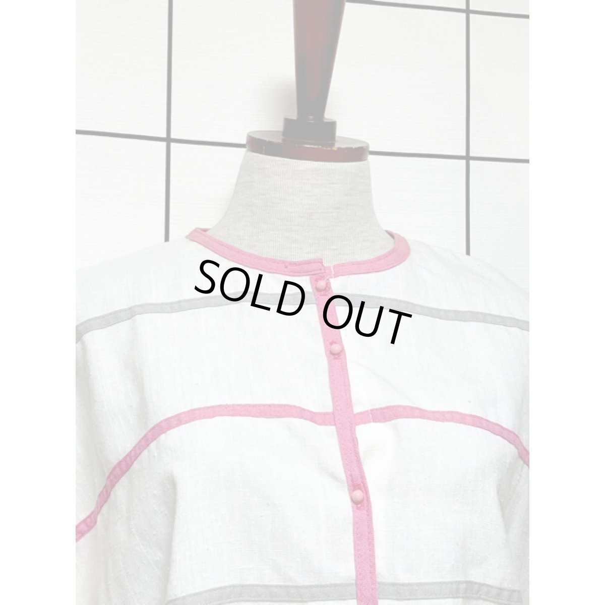 画像5: アメリカ古着 ウエストゴム 半袖 レトロ ヴィンテージワンピース ホワイト ピンク グレー【V8588】 (5)