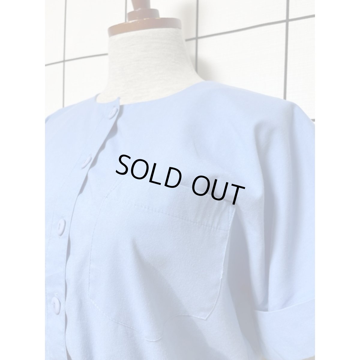 画像7: アメリカ古着 無地 ウエストゴム 半袖 レトロ ヴィンテージワンピース ライトブルー (7)