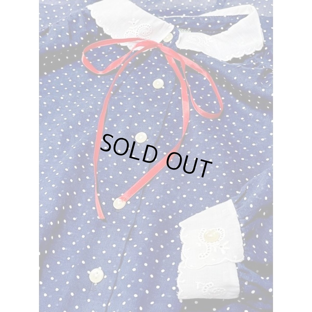 画像10: レース襟 リボン ドット柄 ネイビー ホワイト レトロ 長袖 USA古着 ヴィンテージワンピース【V8619】 (10)