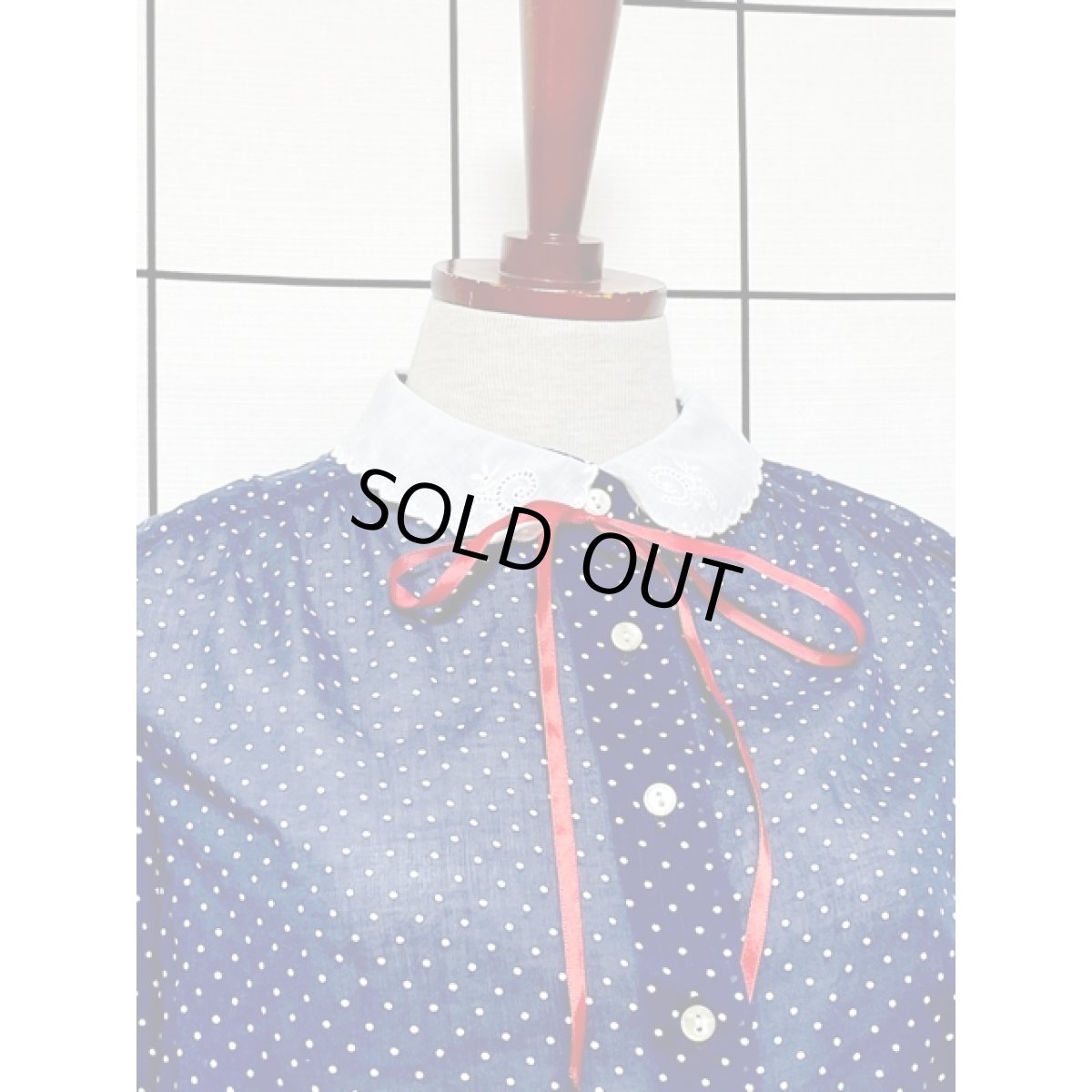 画像5: レース襟 リボン ドット柄 ネイビー ホワイト レトロ 長袖 USA古着 ヴィンテージワンピース【V8619】 (5)