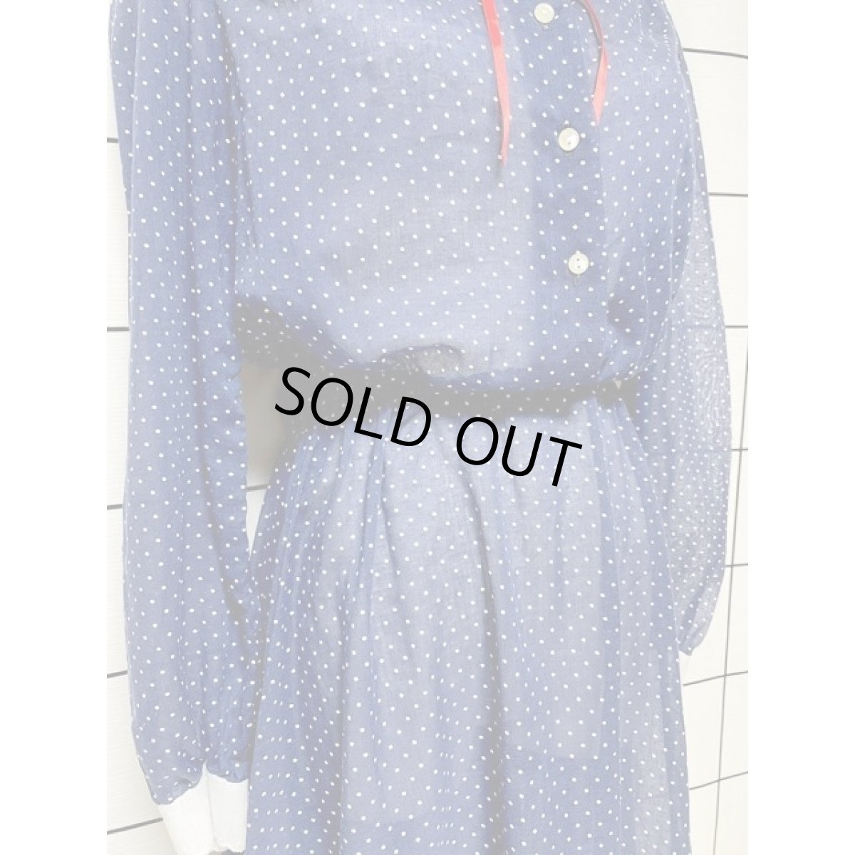 画像7: レース襟 リボン ドット柄 ネイビー ホワイト レトロ 長袖 USA古着 ヴィンテージワンピース【V8619】 (7)