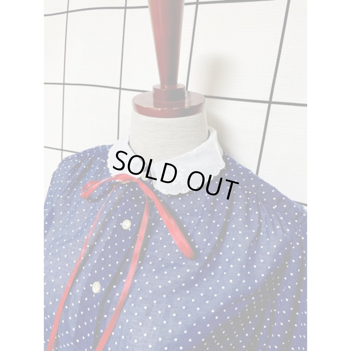 画像4: レース襟 リボン ドット柄 ネイビー ホワイト レトロ 長袖 USA古着 ヴィンテージワンピース【V8619】 (4)