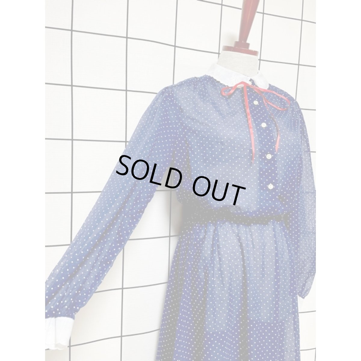 画像6: レース襟 リボン ドット柄 ネイビー ホワイト レトロ 長袖 USA古着 ヴィンテージワンピース【V8619】 (6)