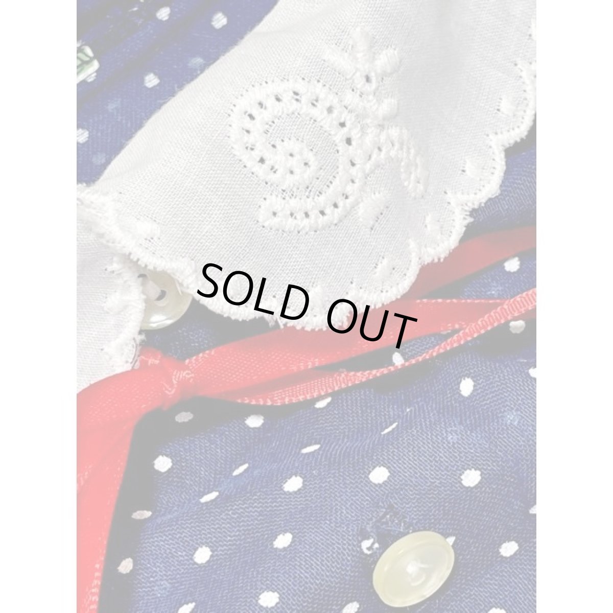 画像12: レース襟 リボン ドット柄 ネイビー ホワイト レトロ 長袖 USA古着 ヴィンテージワンピース【V8619】 (12)