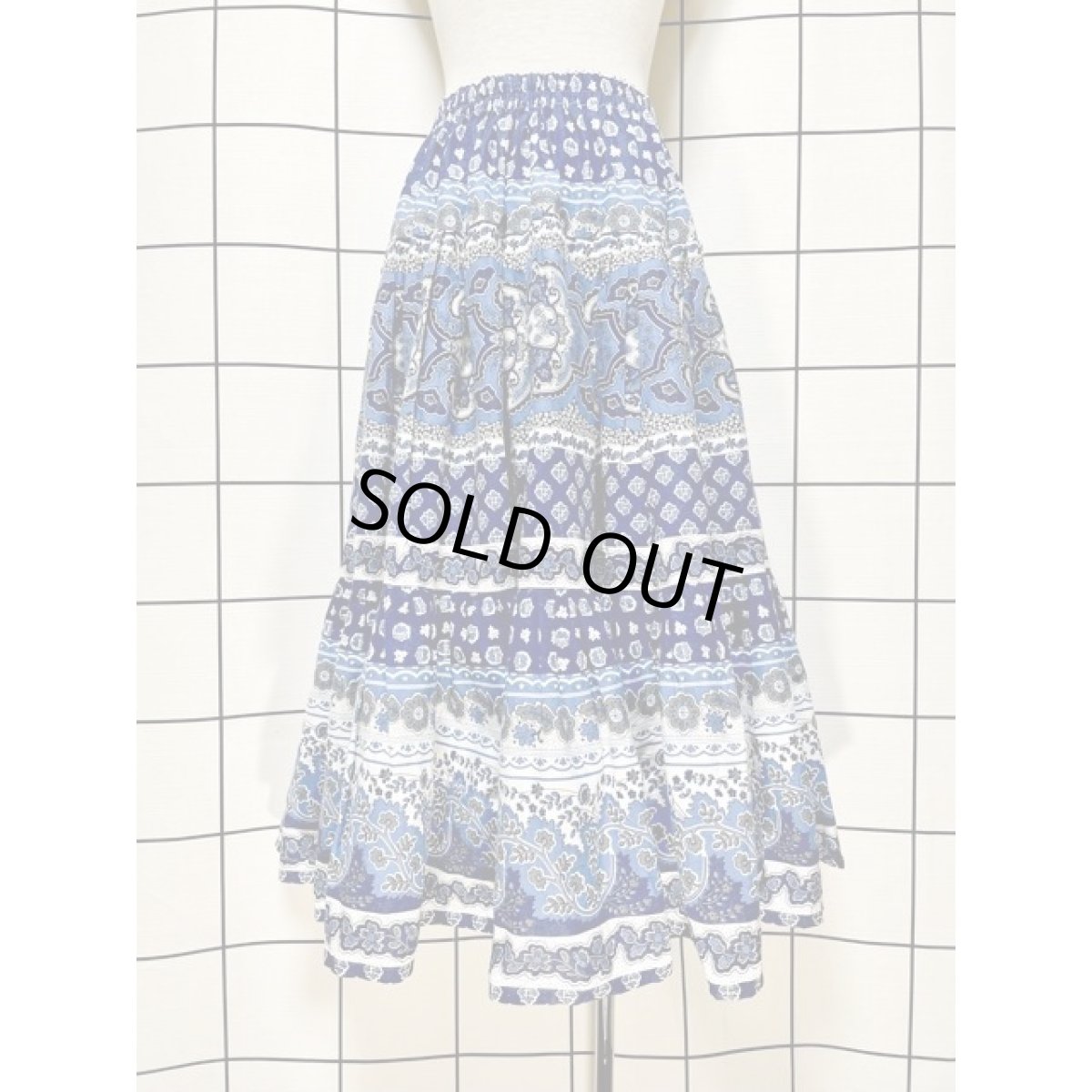 画像2: プロヴァンススカート フランス製 ティアード ヴィンテージ ネイビー ブルー ホワイト ウエストゴム フォークロア レトロ ヨーロッパ古着 (2)