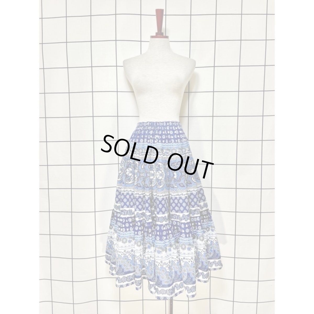 画像3: プロヴァンススカート フランス製 ティアード ヴィンテージ ネイビー ブルー ホワイト ウエストゴム フォークロア レトロ ヨーロッパ古着 (3)