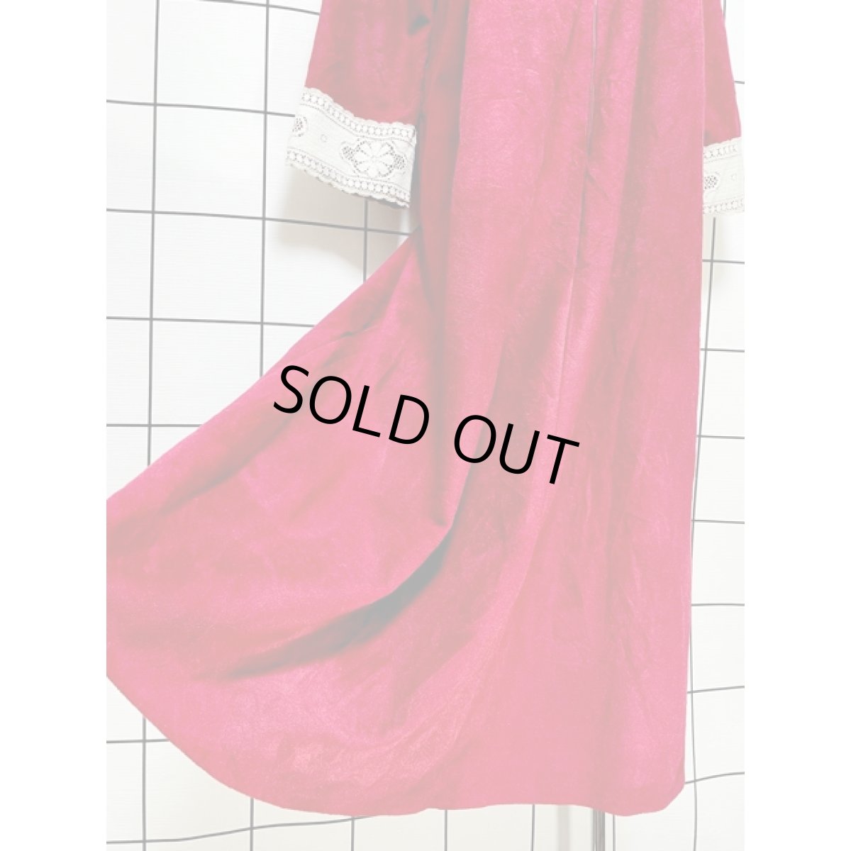 画像10: アメリカ古着 ヴィンテージロングドレス ベロア アンティークレース ボルドー (10)