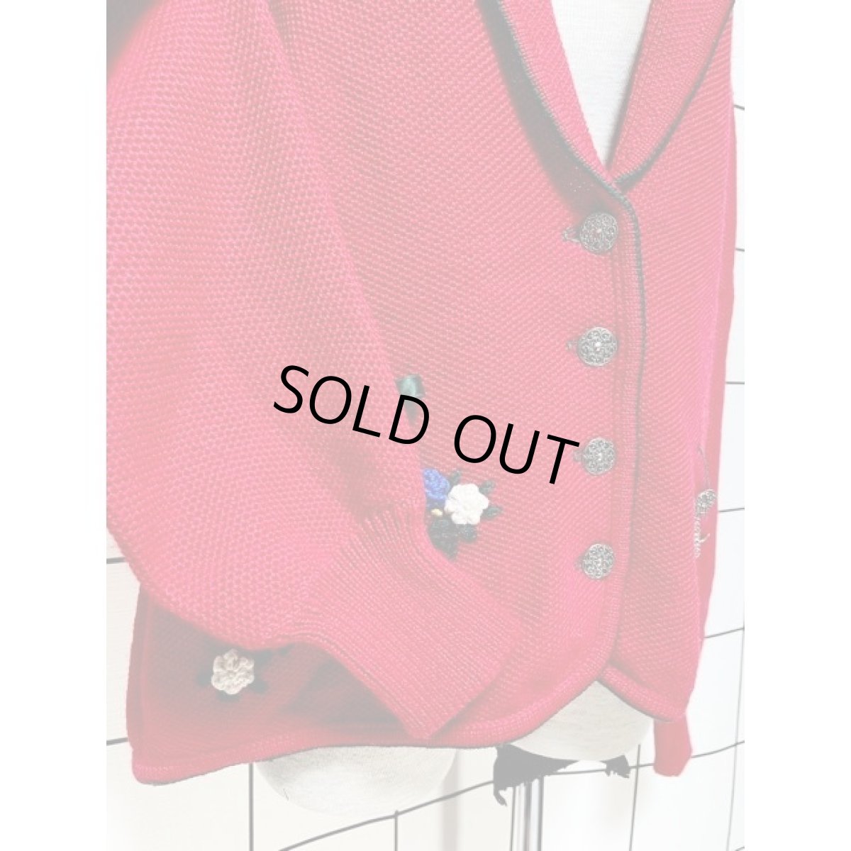 画像7: チロルニットカーディガン ぷっくりお花編み リボン装飾 チェーン レッド ディアンドル (7)