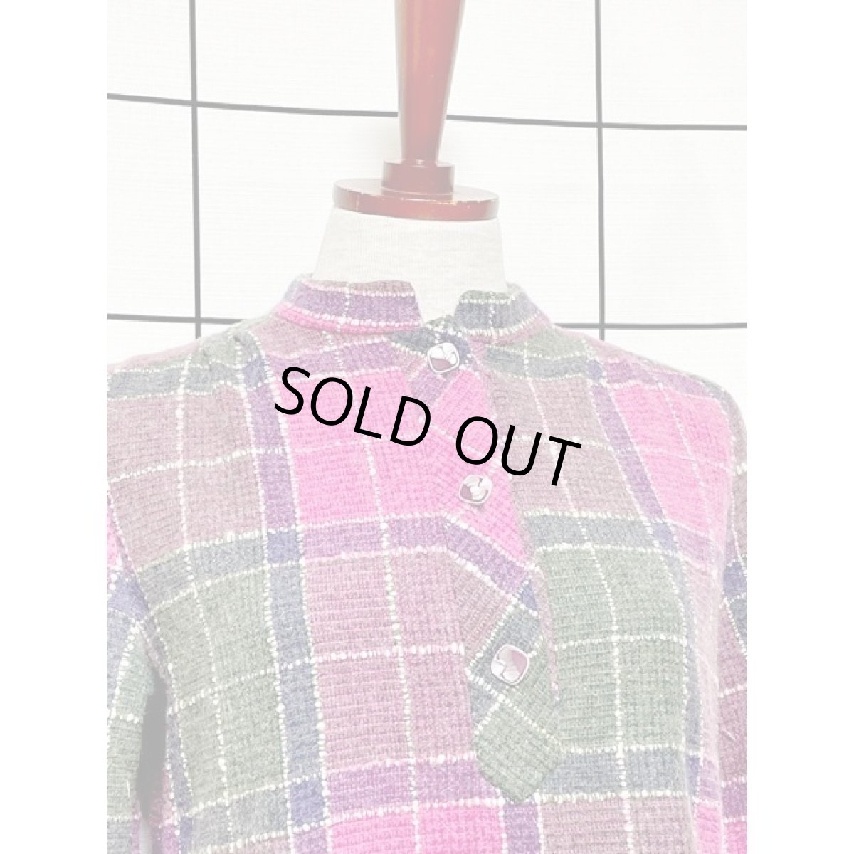 画像5: チェック柄 ピンク グリーン パープル 長袖 昭和レトロ 国産古着 レトロワンピース (5)