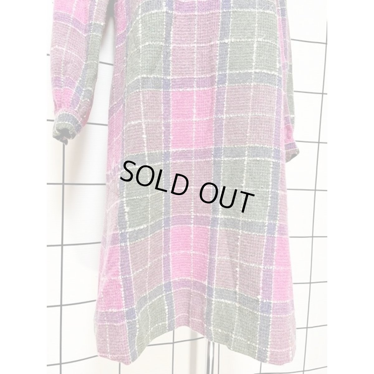 画像8: チェック柄 ピンク グリーン パープル 長袖 昭和レトロ 国産古着 レトロワンピース (8)