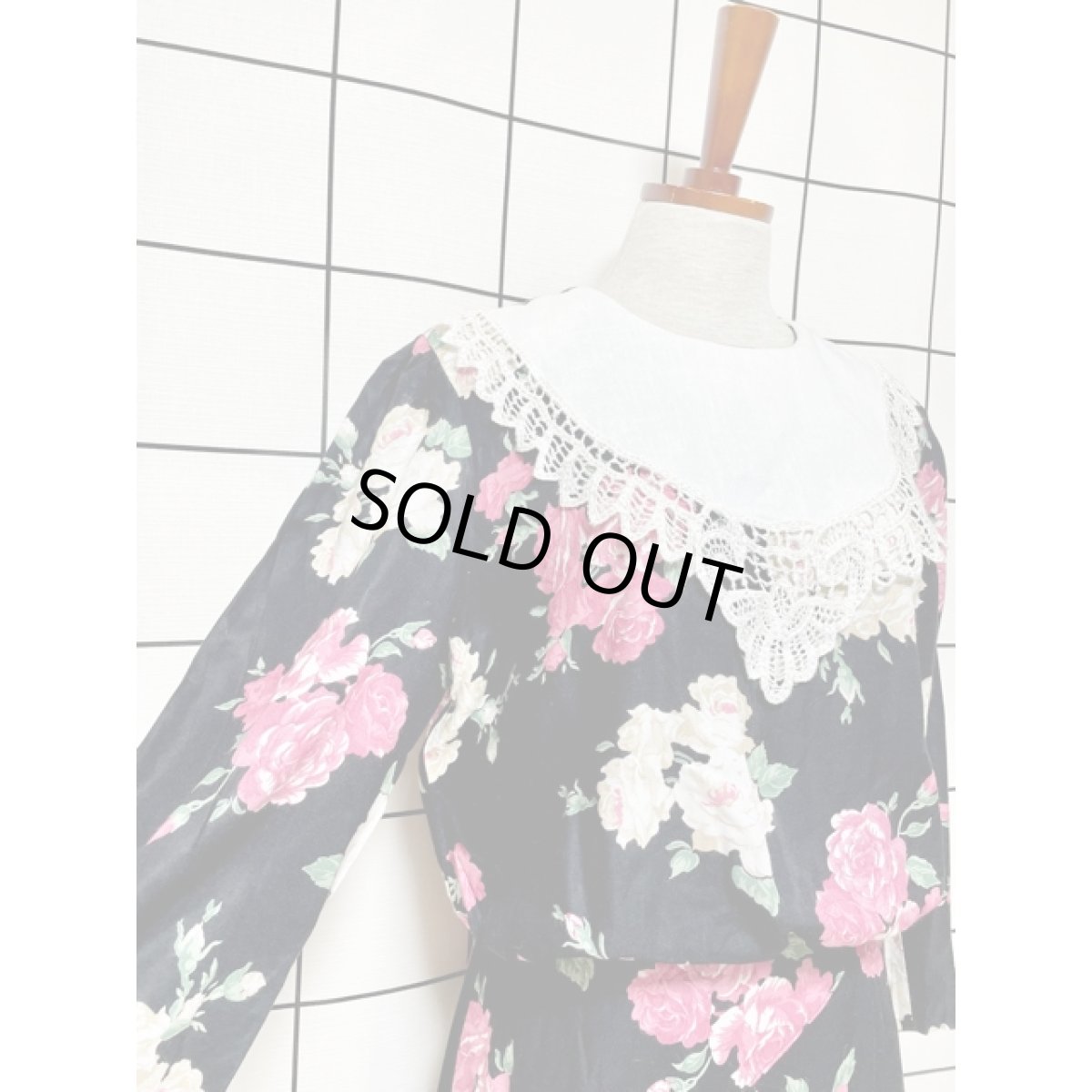 画像7: アメリカ古着 ヴィンテージ ドレスワンピース 大きなレース襟 花柄 レトロ 長袖 (7)