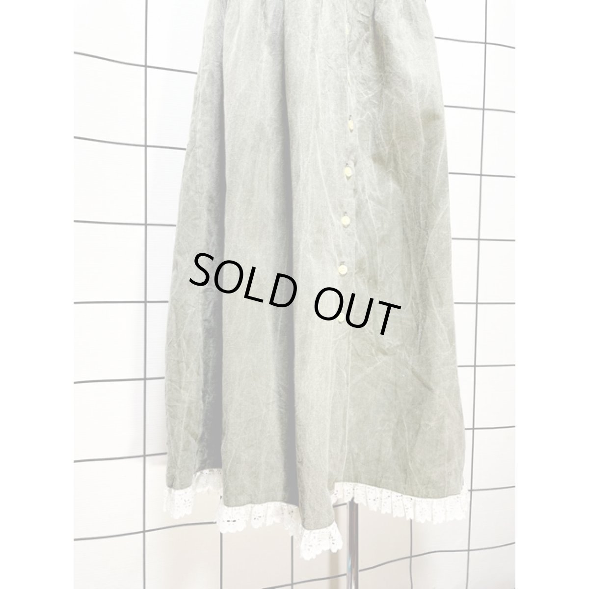 画像5: アメリカ古着 スカート ヴィンテージ レース シワ加工 カーキ レトロ (5)