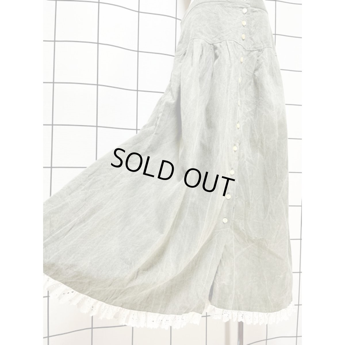 画像6: アメリカ古着 スカート ヴィンテージ レース シワ加工 カーキ レトロ (6)