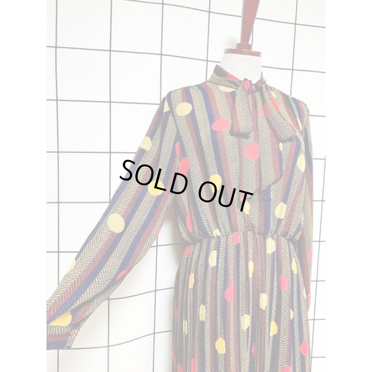 画像6: アメリカ古着 ワンピース ヴィンテージ ストライプ ドット プリーツ レトロポップ リボンタイ付 (6)