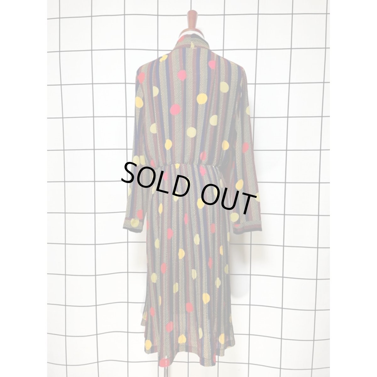 画像2: アメリカ古着 ワンピース ヴィンテージ ストライプ ドット プリーツ レトロポップ リボンタイ付 (2)