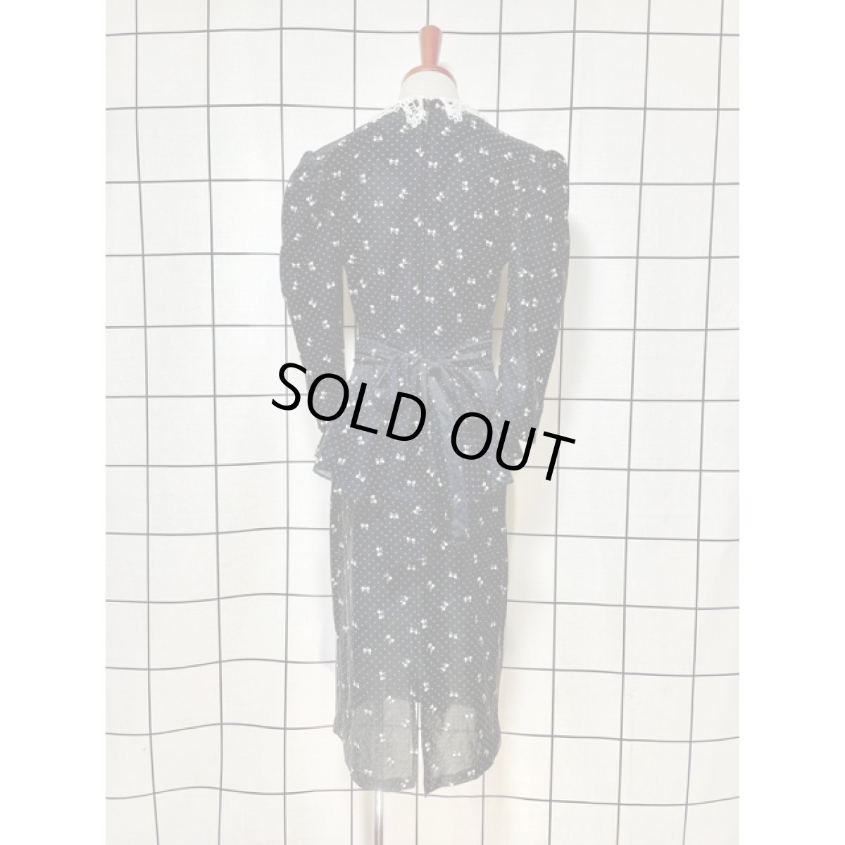 画像2: リボン柄 ドット レース襟 バックウエストリボン フリル ブラック アメリカ古着 ワンピース ヴィンテージ レトロ (2)