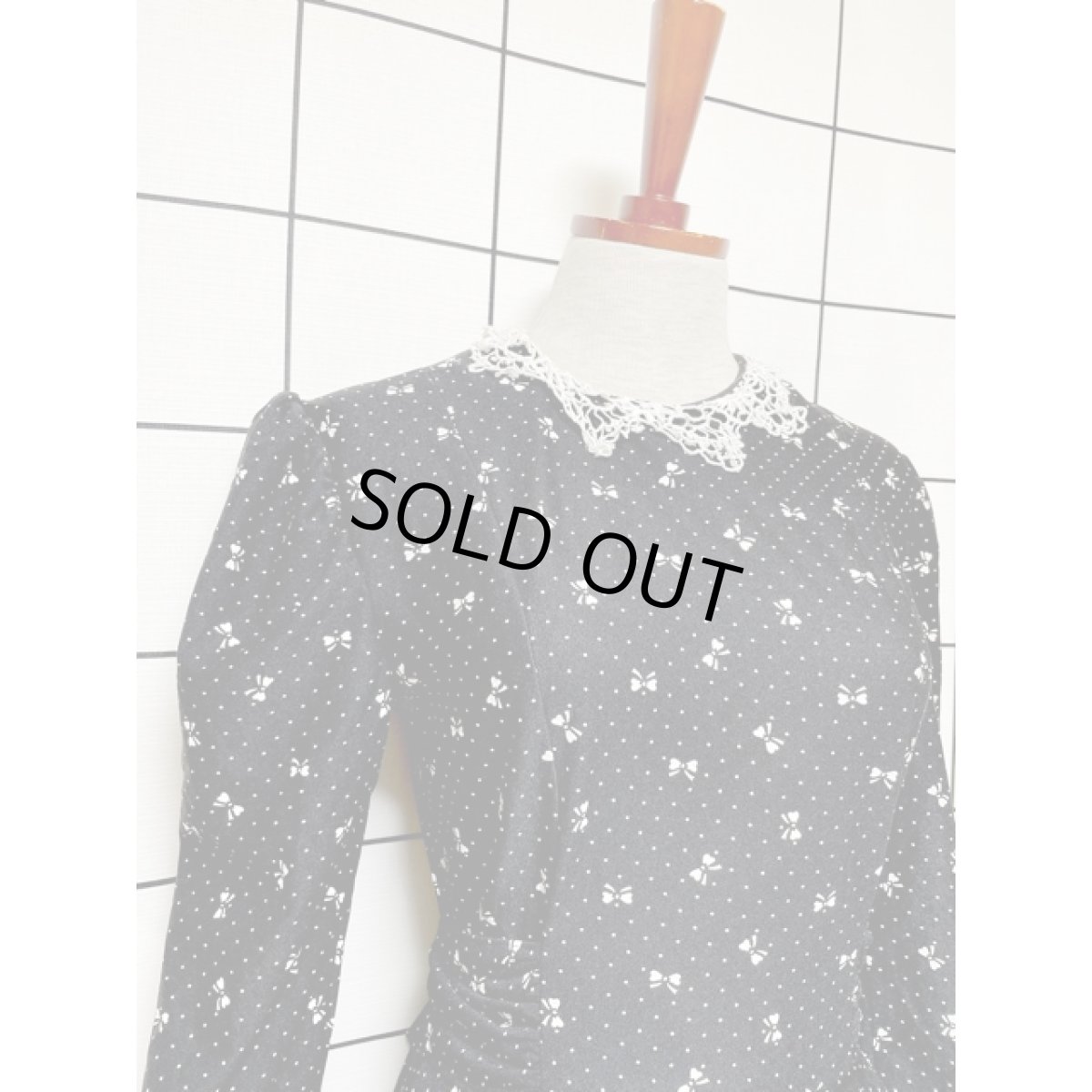 画像7: リボン柄 ドット レース襟 バックウエストリボン フリル ブラック アメリカ古着 ワンピース ヴィンテージ レトロ (7)