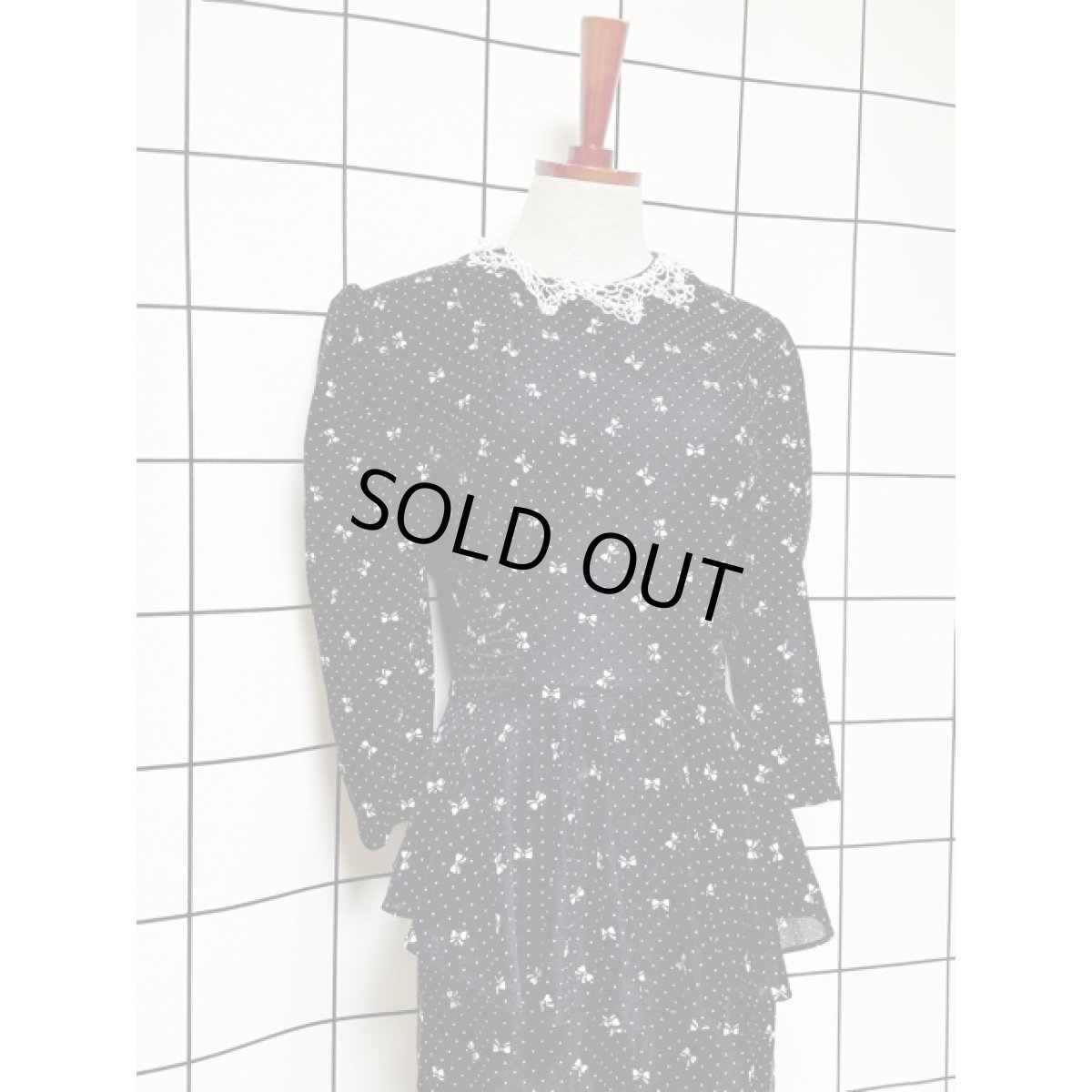 画像4: リボン柄 ドット レース襟 バックウエストリボン フリル ブラック アメリカ古着 ワンピース ヴィンテージ レトロ (4)