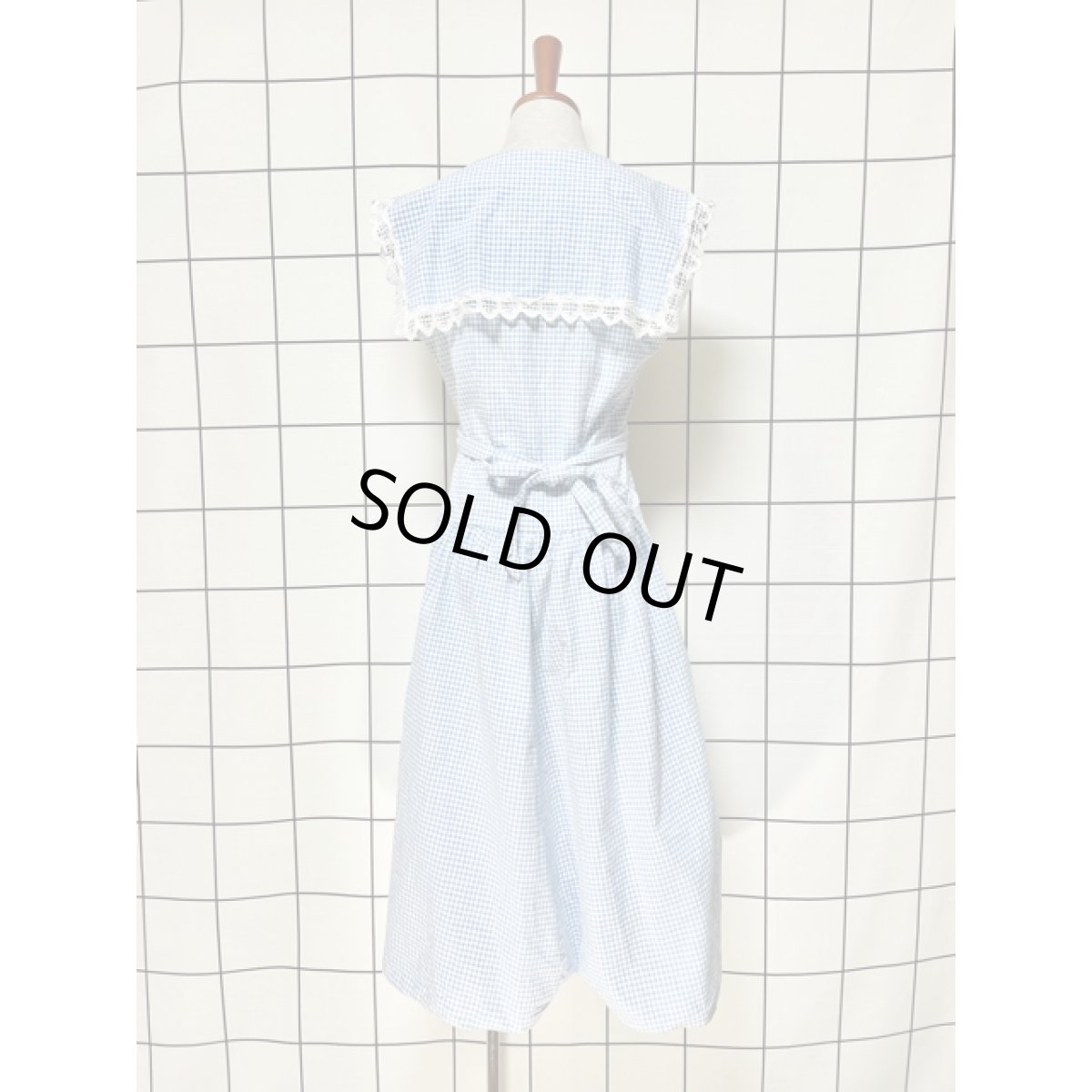 画像3: セーラー襟 ギンガムチェック Guatemala製 レース バックウエストリボン ヴィンテージワンピース (3)