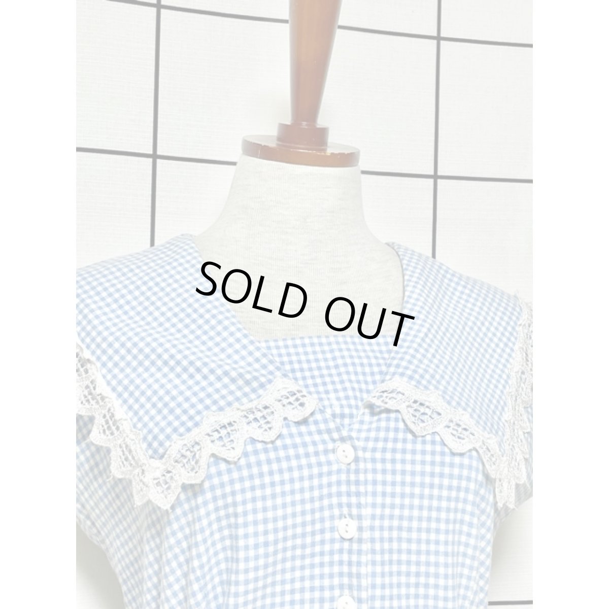 画像7: セーラー襟 ギンガムチェック Guatemala製 レース バックウエストリボン ヴィンテージワンピース (7)