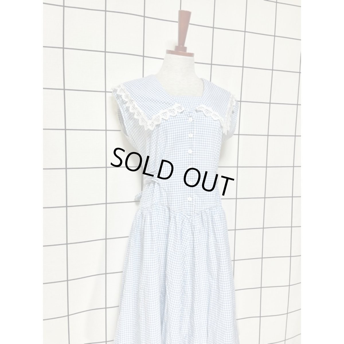 画像5: セーラー襟 ギンガムチェック Guatemala製 レース バックウエストリボン ヴィンテージワンピース (5)