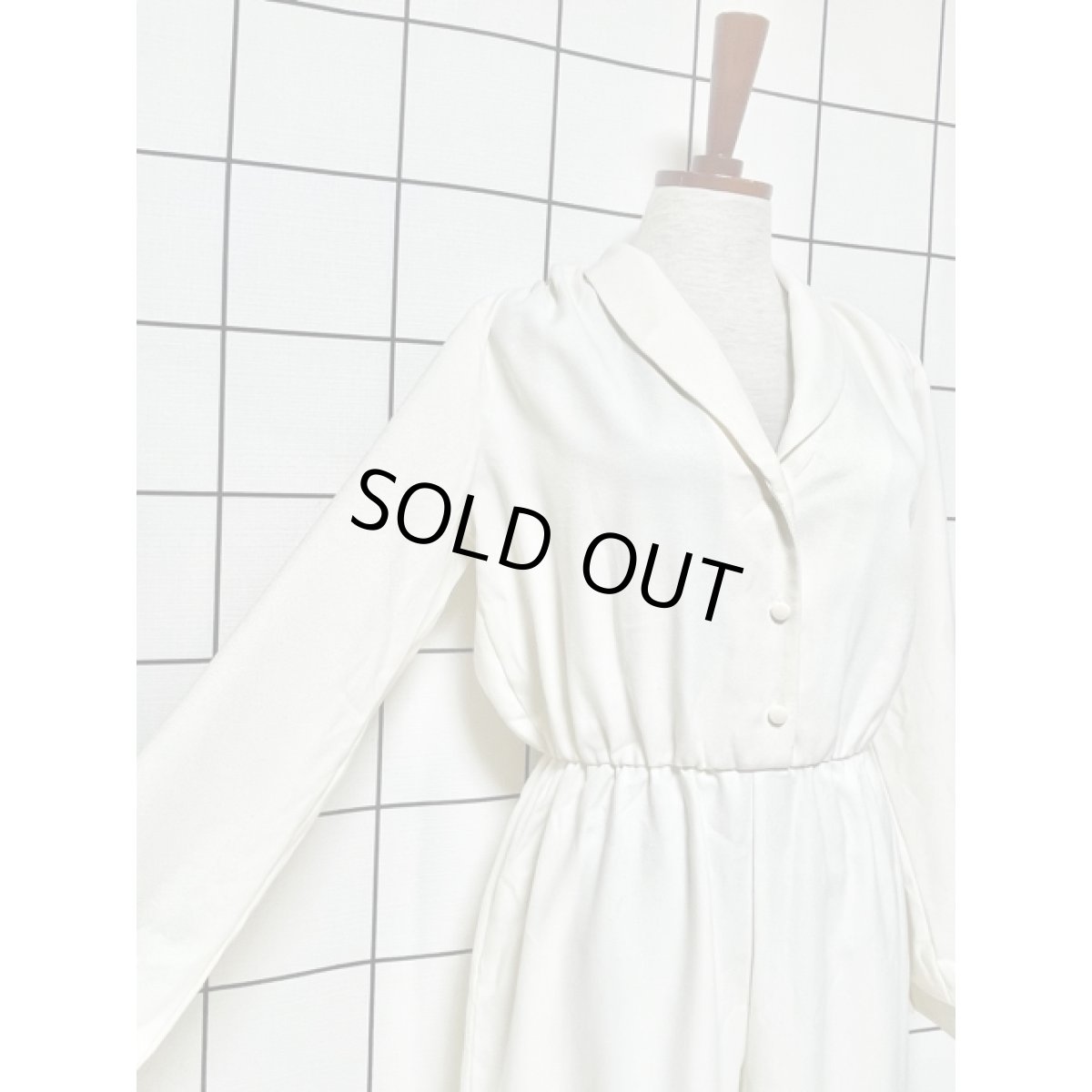 画像6: オフホワイト 無地 開襟 ウエストゴム オールインワン ヴィンテージ アメリカ古着 ジャンプスーツ (6)