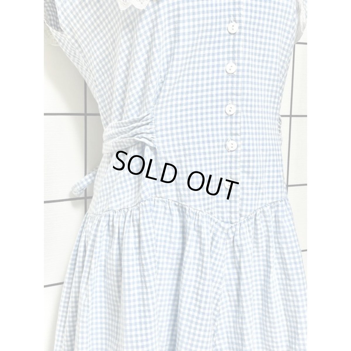 画像8: セーラー襟 ギンガムチェック Guatemala製 レース バックウエストリボン ヴィンテージワンピース (8)