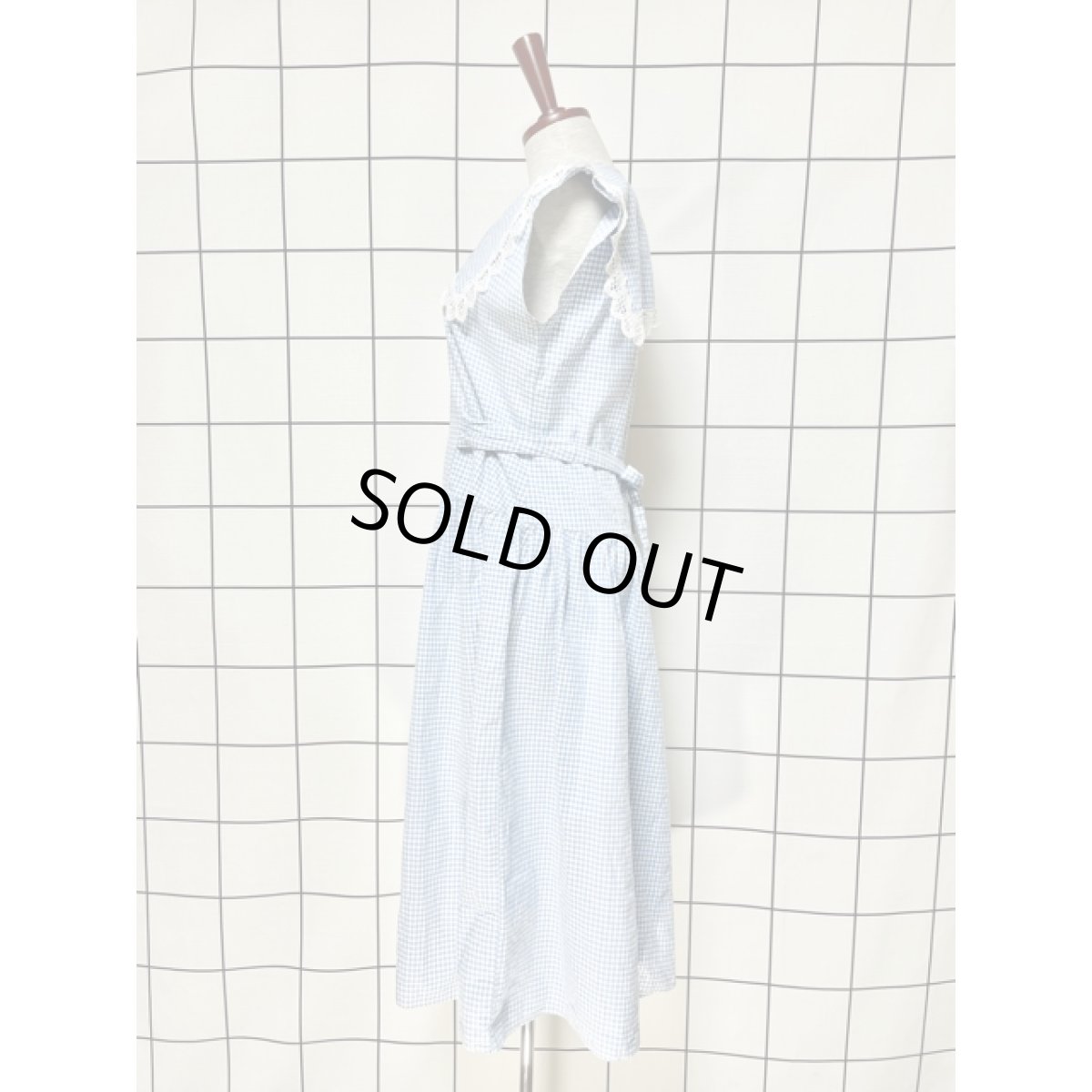 画像2: セーラー襟 ギンガムチェック Guatemala製 レース バックウエストリボン ヴィンテージワンピース (2)