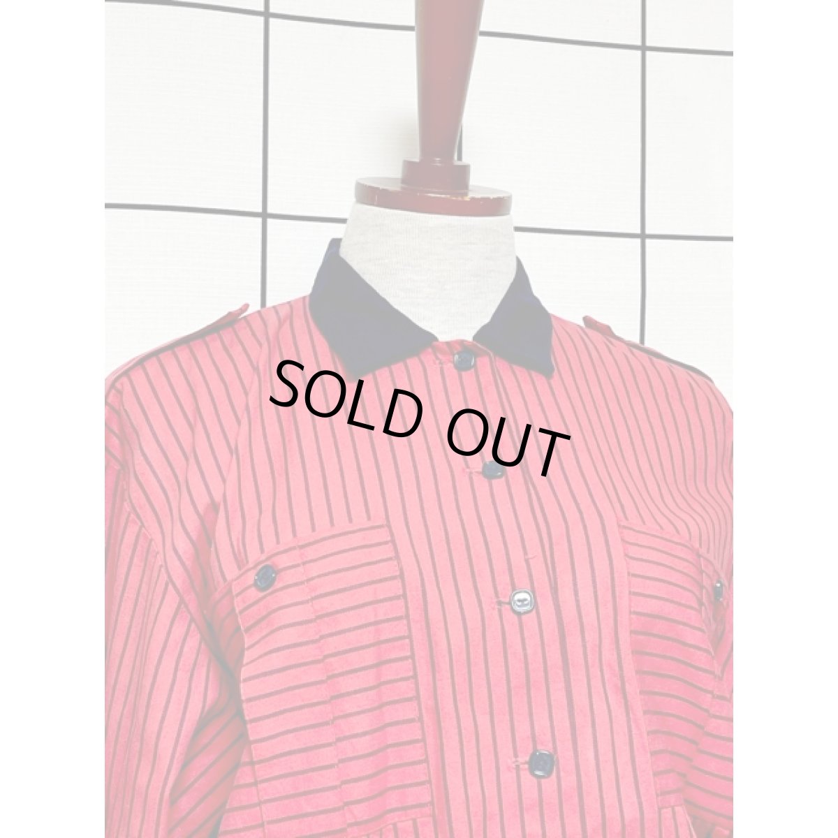 画像5: ストライプ柄 ショルダーボタン 前開き ワンピース ウエストゴム 切り替え レトロ 長袖 アメリカ古着 ヴィンテージ (5)