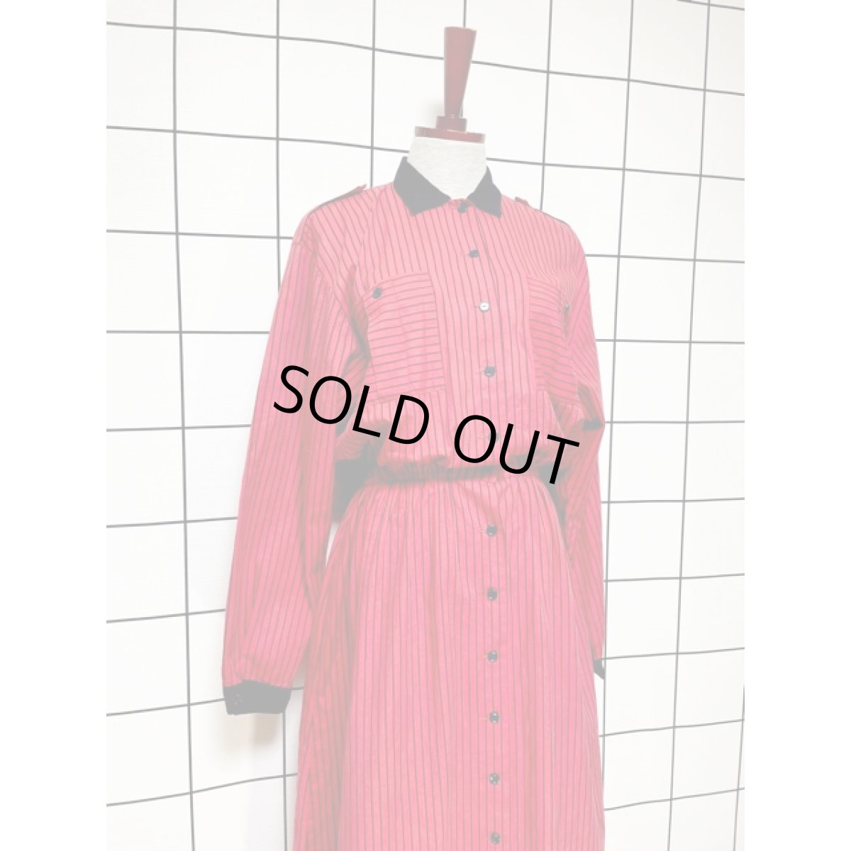 画像3: ストライプ柄 ショルダーボタン 前開き ワンピース ウエストゴム 切り替え レトロ 長袖 アメリカ古着 ヴィンテージ (3)