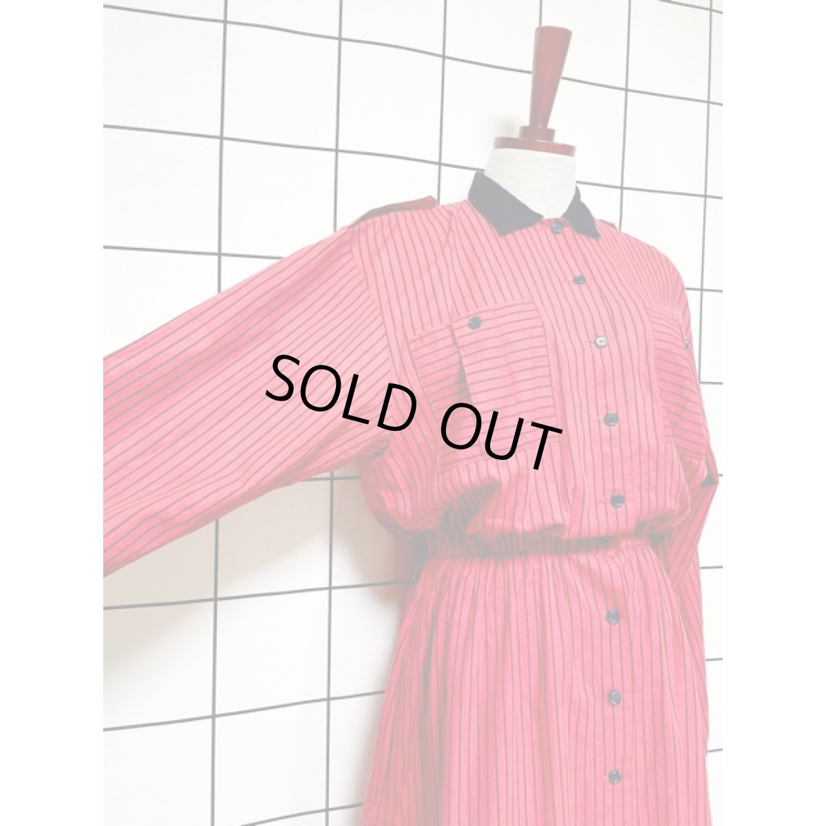 画像7: ストライプ柄 ショルダーボタン 前開き ワンピース ウエストゴム 切り替え レトロ 長袖 アメリカ古着 ヴィンテージ (7)