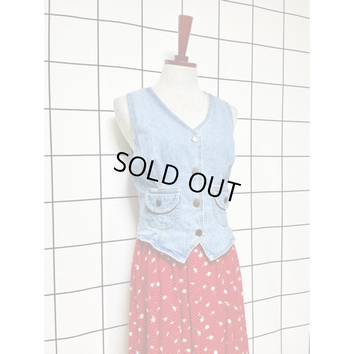 画像4: デニムベスト風のレイヤードデザイン ワンピース ドット 花柄 レトロ アメリカ古着 ヴィンテージ (4)