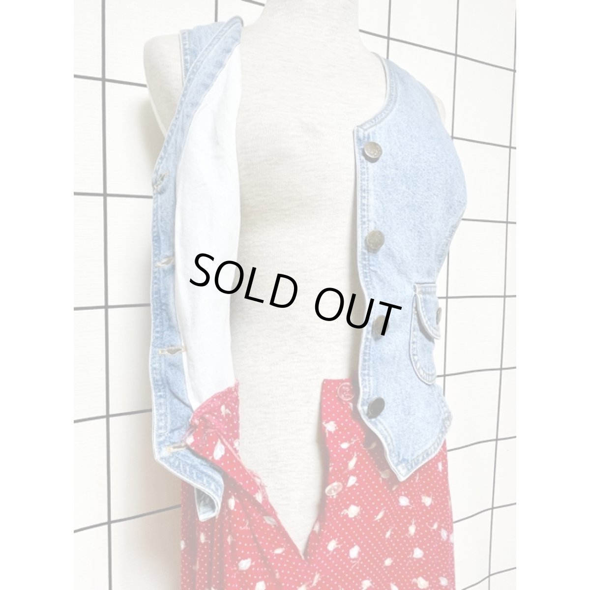 画像8: デニムベスト風のレイヤードデザイン ワンピース ドット 花柄 レトロ アメリカ古着 ヴィンテージ (8)