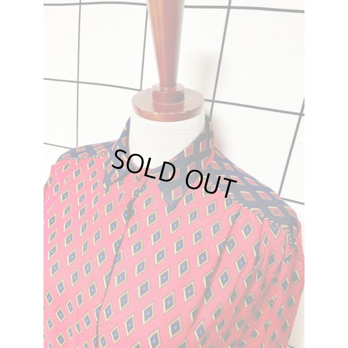 画像4: ダイヤモンドプリント ワンピース ウエストゴム レトロ 長袖 アメリカ古着 ヴィンテージ (4)