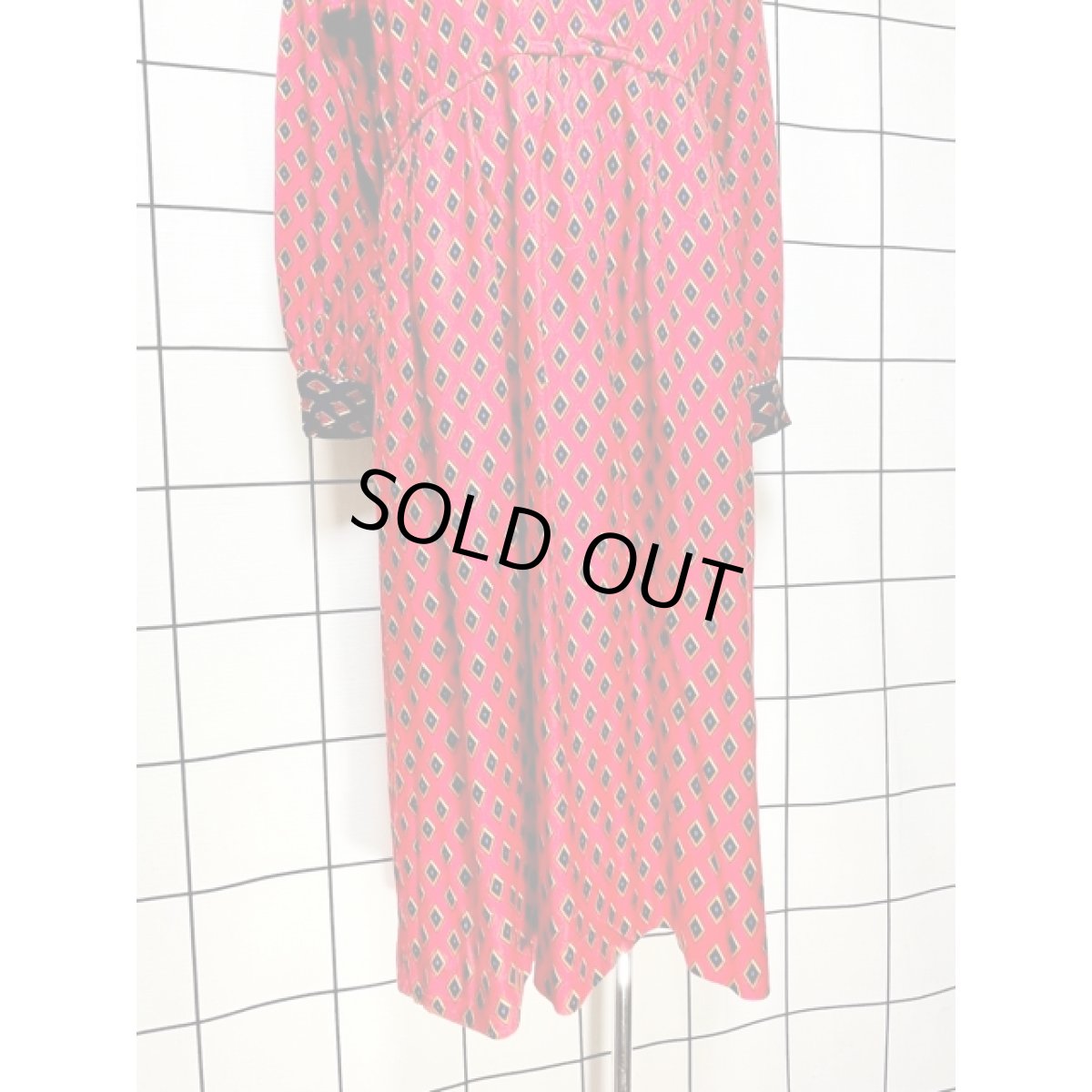 画像9: ダイヤモンドプリント ワンピース ウエストゴム レトロ 長袖 アメリカ古着 ヴィンテージ (9)