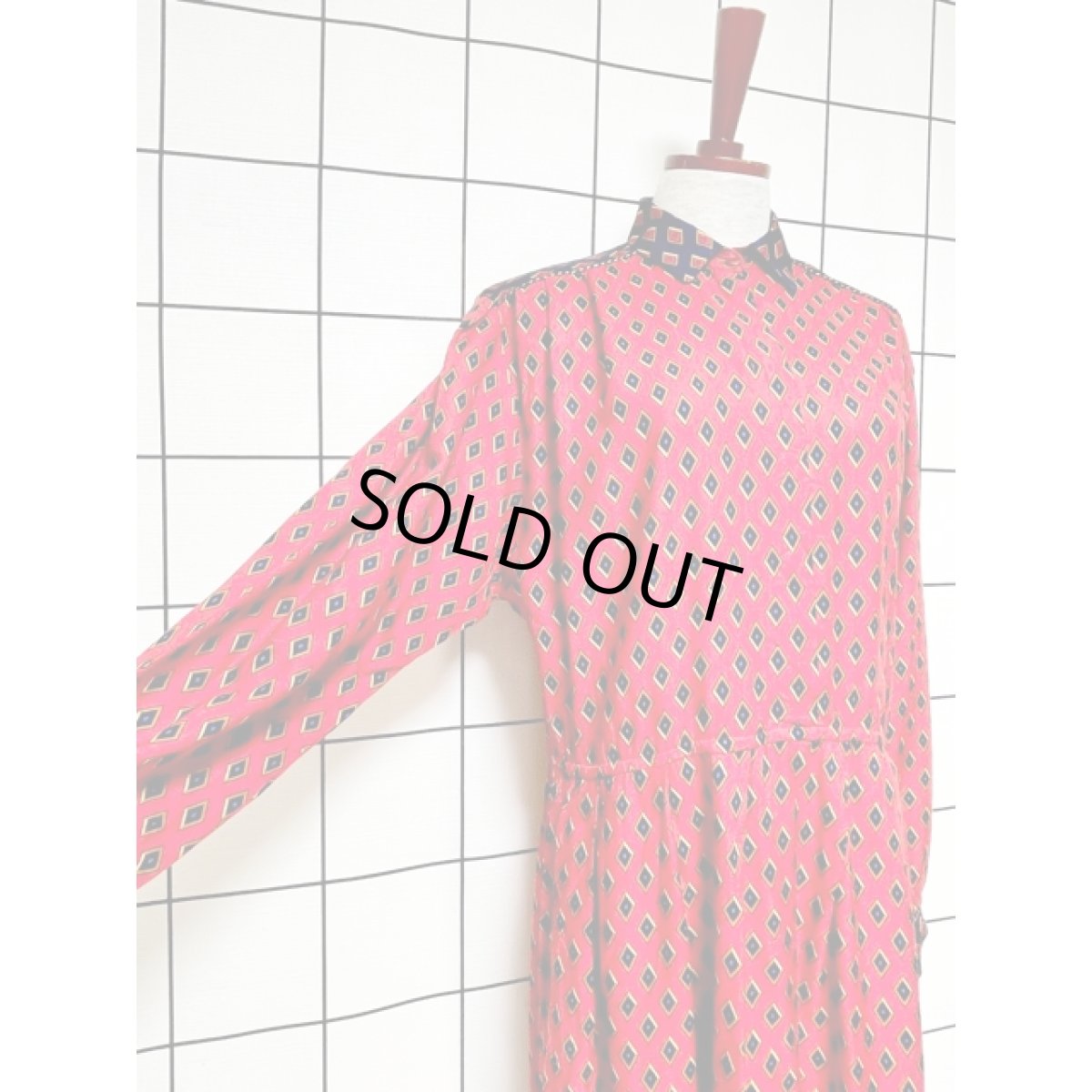 画像7: ダイヤモンドプリント ワンピース ウエストゴム レトロ 長袖 アメリカ古着 ヴィンテージ (7)