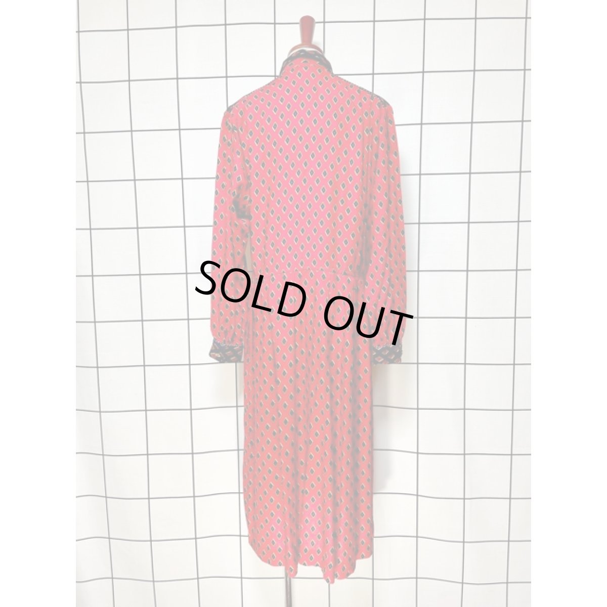 画像2: ダイヤモンドプリント ワンピース ウエストゴム レトロ 長袖 アメリカ古着 ヴィンテージ (2)