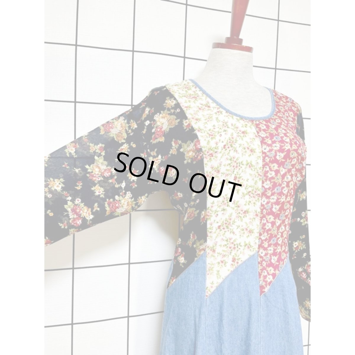 画像6: デニム切り替え 花柄 Aライン TALON ワンピース ヴィンテージ アメリカ古着 長袖 レトロ (6)