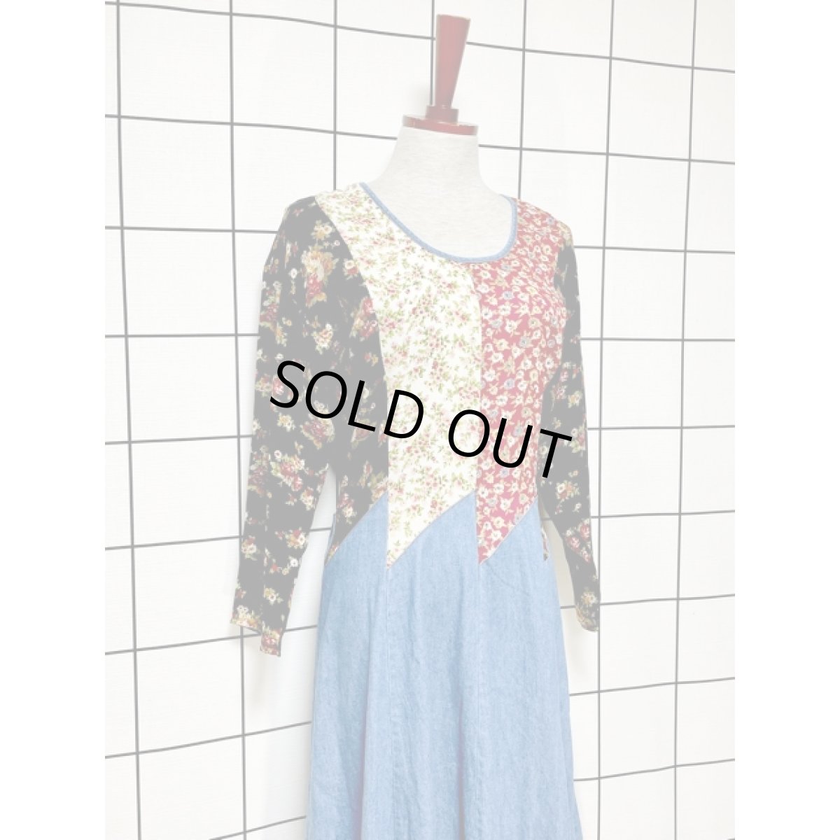 画像3: デニム切り替え 花柄 Aライン TALON ワンピース ヴィンテージ アメリカ古着 長袖 レトロ (3)