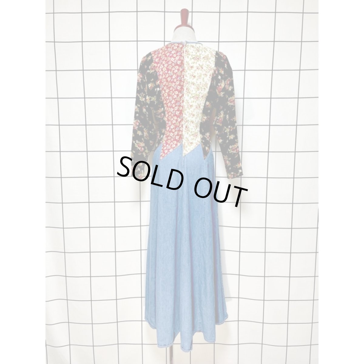 画像2: デニム切り替え 花柄 Aライン TALON ワンピース ヴィンテージ アメリカ古着 長袖 レトロ (2)