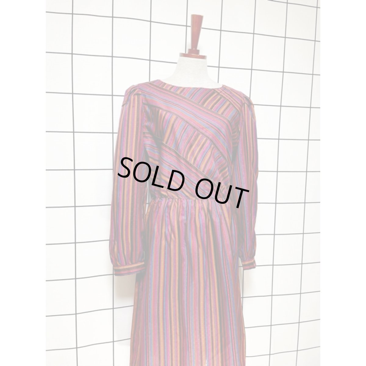 画像3: ストライプ 織り UNIONMADE ウエストゴム ワンピース アメリカ古着 ヴィンテージ レトロ 長袖 (3)