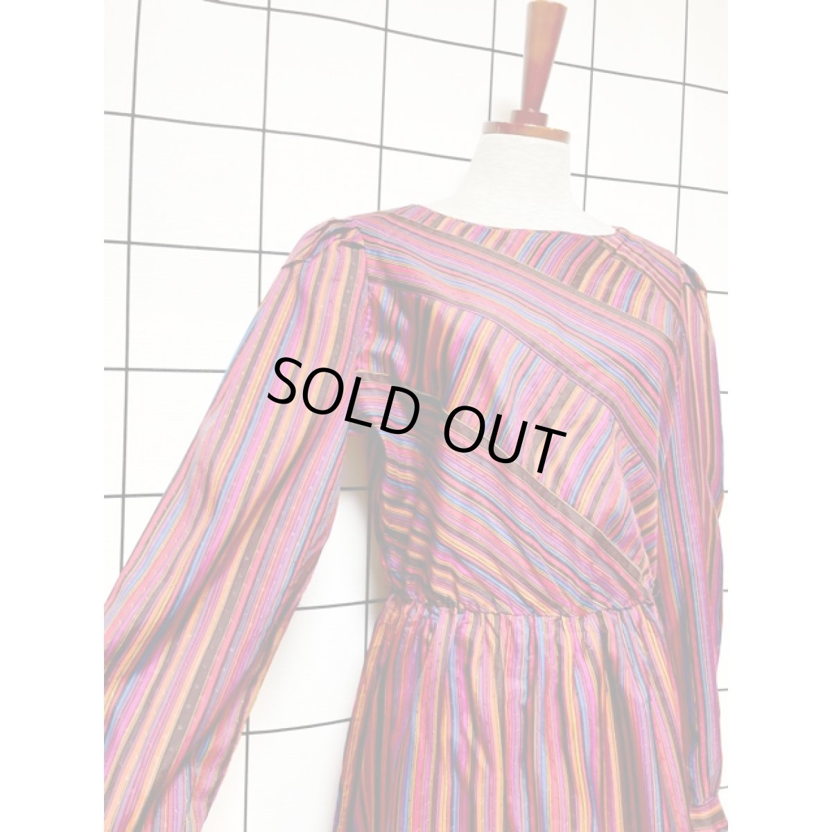 画像6: ストライプ 織り UNIONMADE ウエストゴム ワンピース アメリカ古着 ヴィンテージ レトロ 長袖 (6)