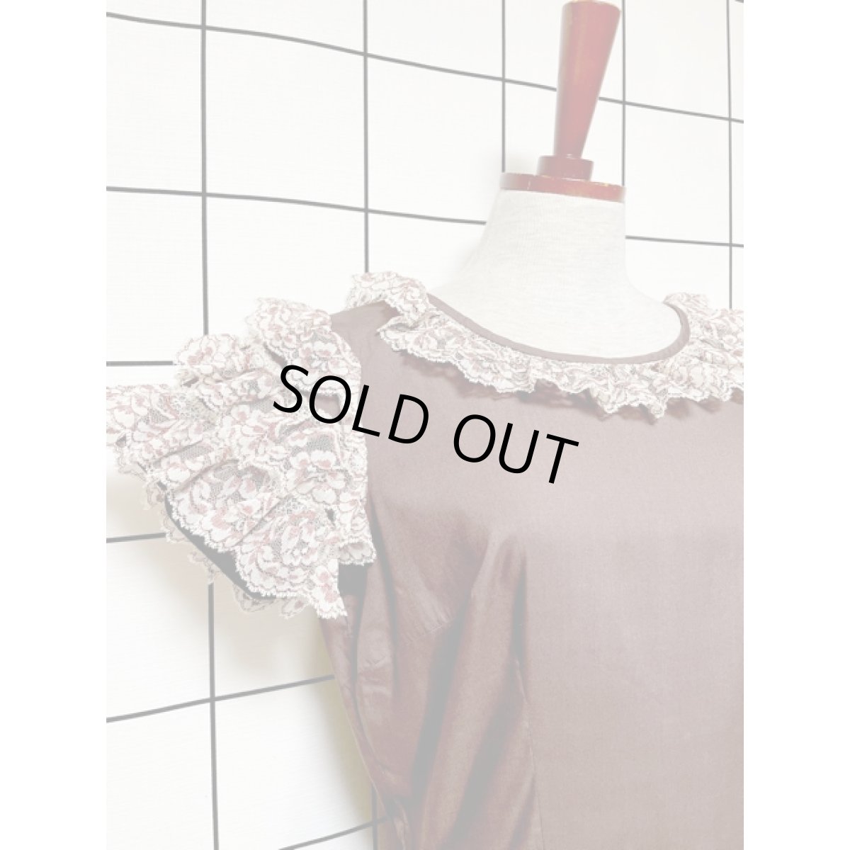 画像7: フリル ティアードフラワーレース  サーキュラー ヴィンテージドレス ブラウン ウエストゴム レトロ アメリカ古着 (7)