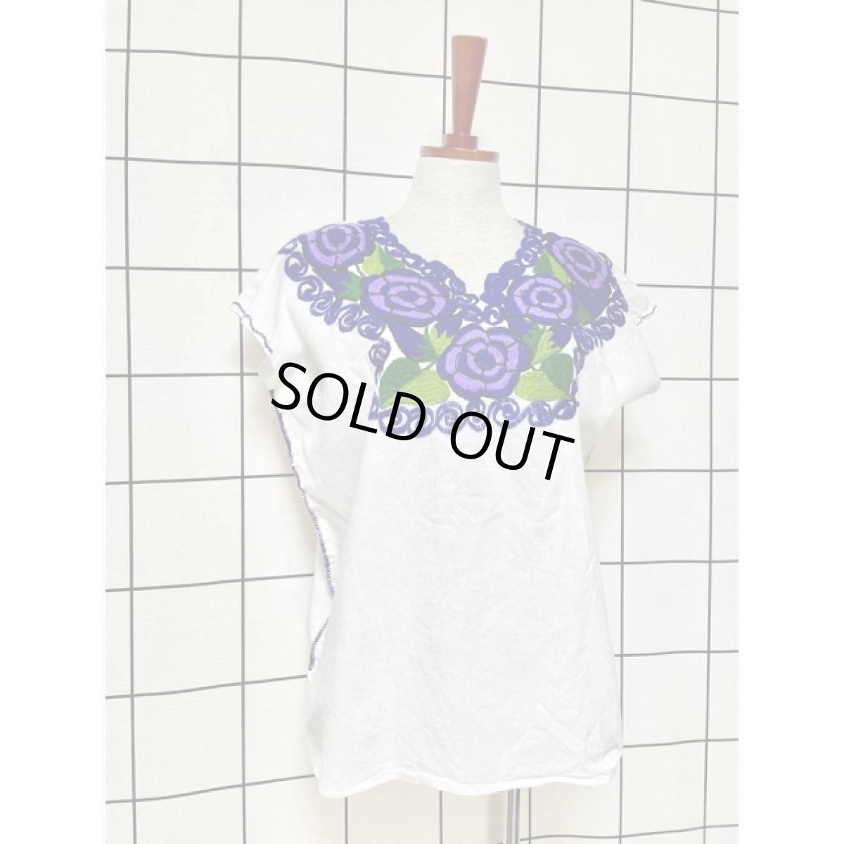 画像4: メキシカンお花刺繍 トップス ホワイト パープル フォークロア レトロ アメリカ古着 ヴィンテージ (4)